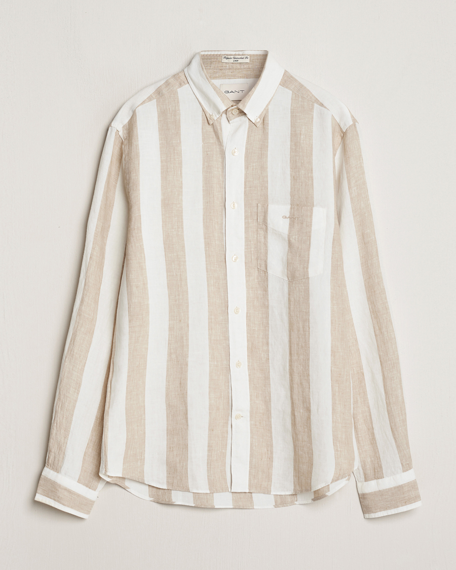 Hombres | Camisas | GANT | Regular Fit Bold Stripe Linen Shirt Beige/White