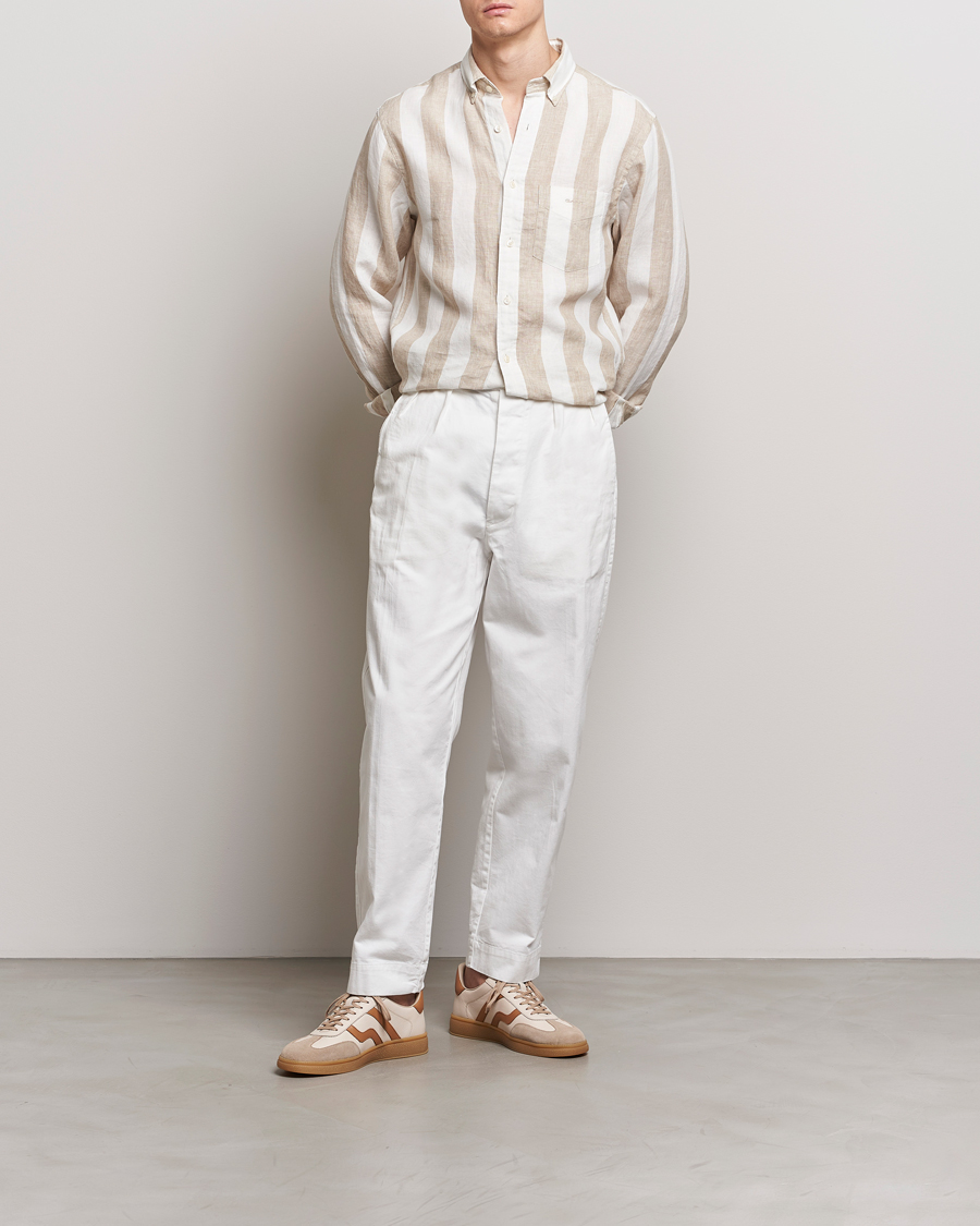 Hombres | Camisas | GANT | Regular Fit Bold Stripe Linen Shirt Beige/White