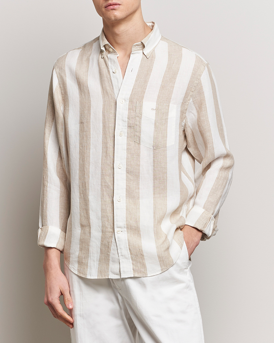 Men | Linen Shirts | GANT | Regular Fit Bold Stripe Linen Shirt Beige/White