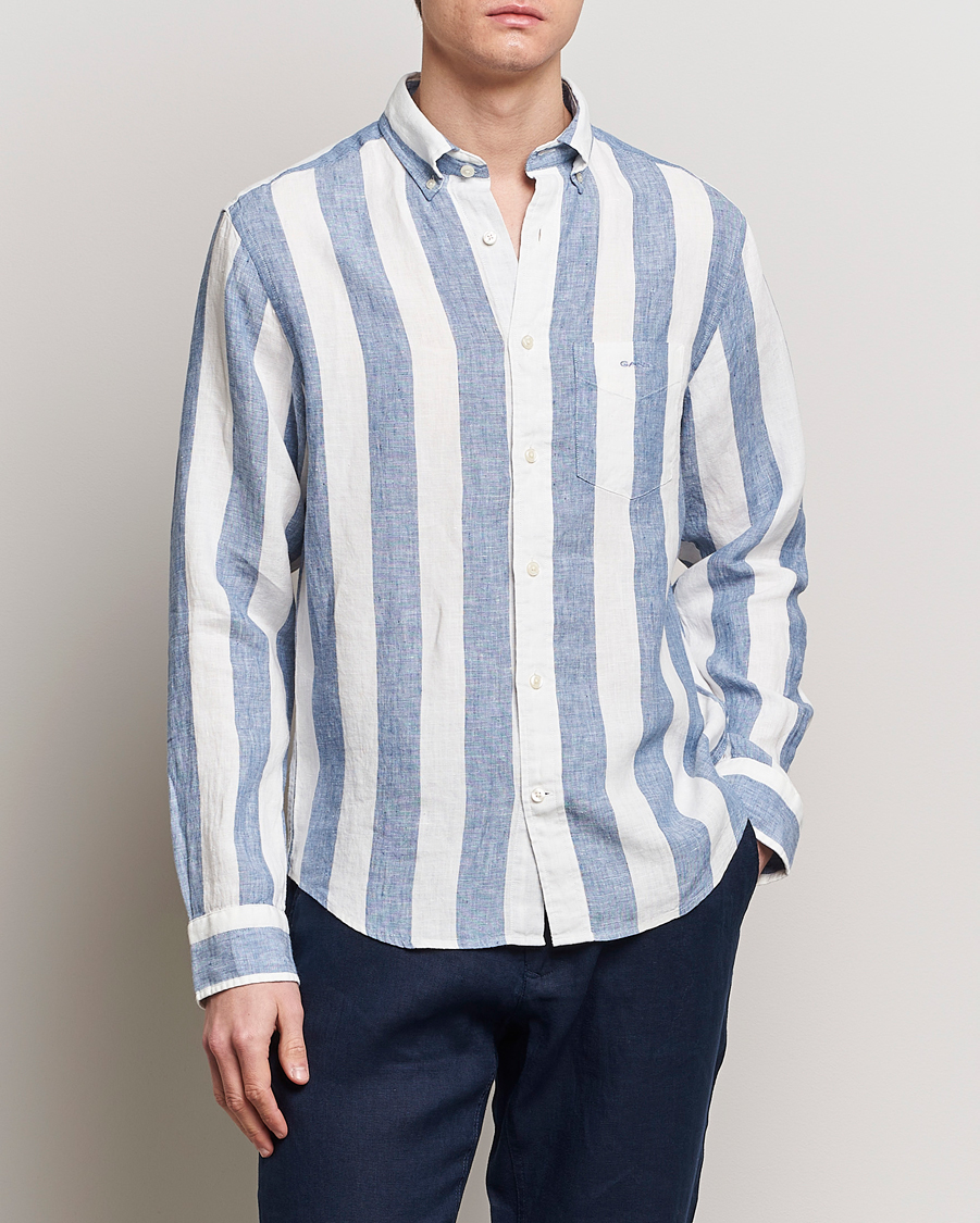 Hombres | Camisas de lino | GANT | Regular Fit Bold Stripe Linen Shirt Blue/White