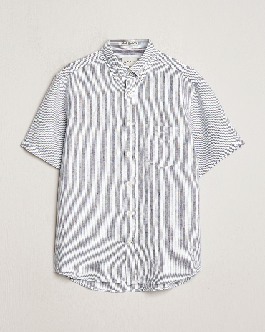 Hombres | Camisas | Gant | Regular Fit Striped Linen Short Sleeve Shirt White/Blue