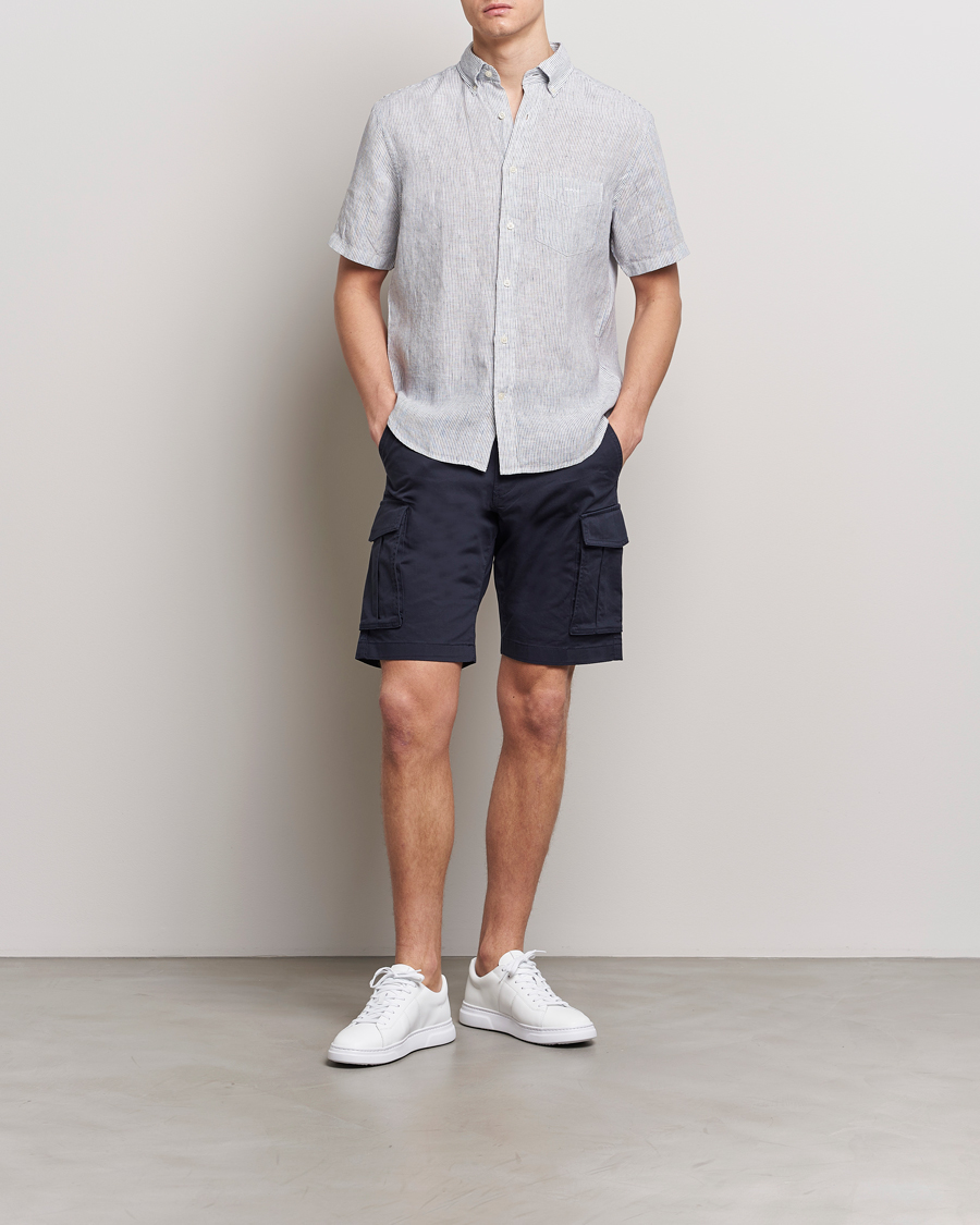 Hombres | Camisas | Gant | Regular Fit Striped Linen Short Sleeve Shirt White/Blue