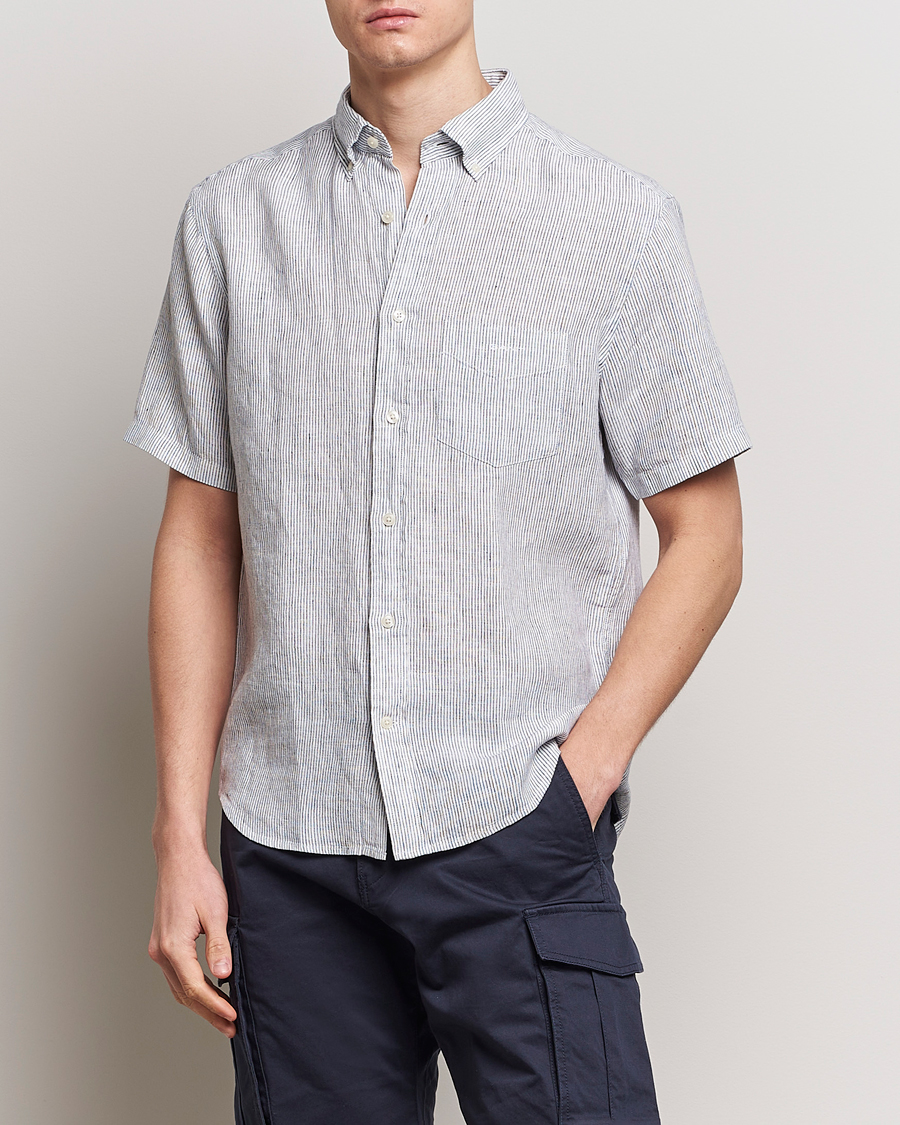 Hombres | Camisas de manga corta | GANT | Regular Fit Striped Linen Short Sleeve Shirt White/Blue