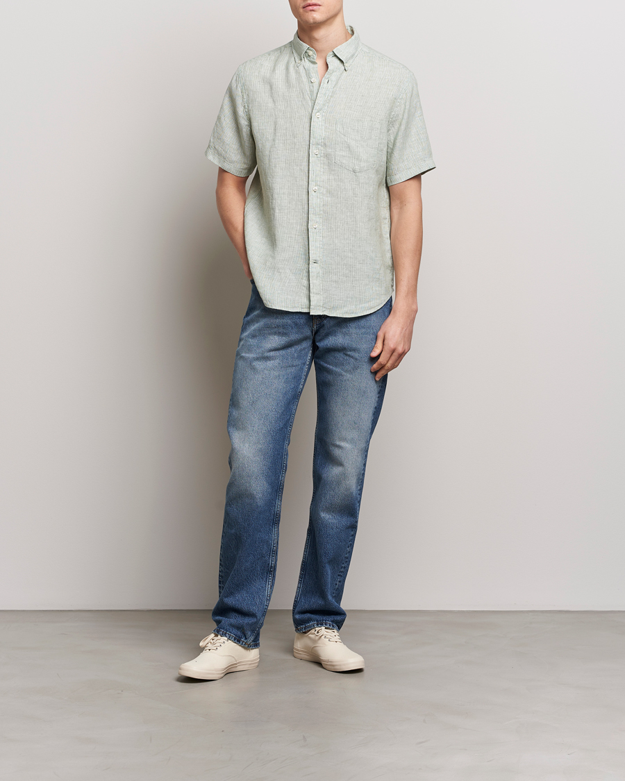 Hombres | Camisas | Gant | Regular Fit Striped Linen Short Sleeve Shirt Green/White
