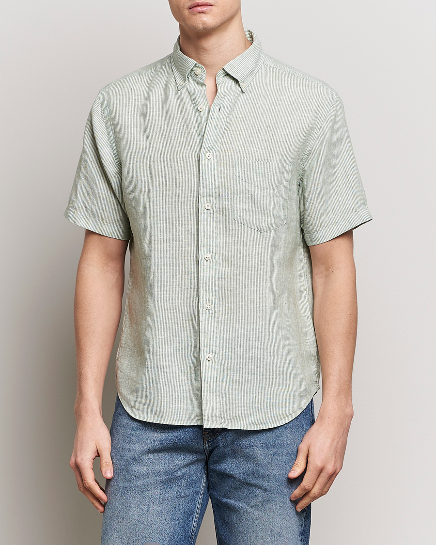 Hombres | Camisas | GANT | Regular Fit Striped Linen Short Sleeve Shirt Green/White