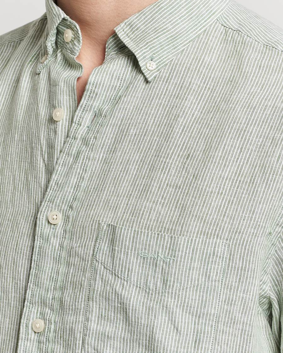 Hombres | Camisas | Gant | Regular Fit Striped Linen Short Sleeve Shirt Green/White