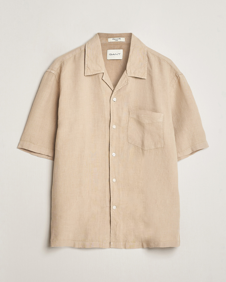 Hombres | Camisas | GANT | Relaxed Fit Linen Resort Short Sleeve Shirt Concrete Beige