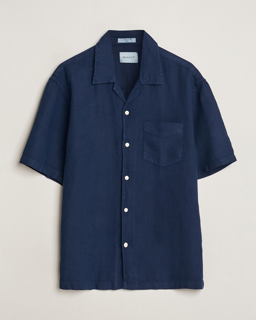 Hombres | Camisas | GANT | Relaxed Fit Linen Resort Short Sleeve Shirt Marine