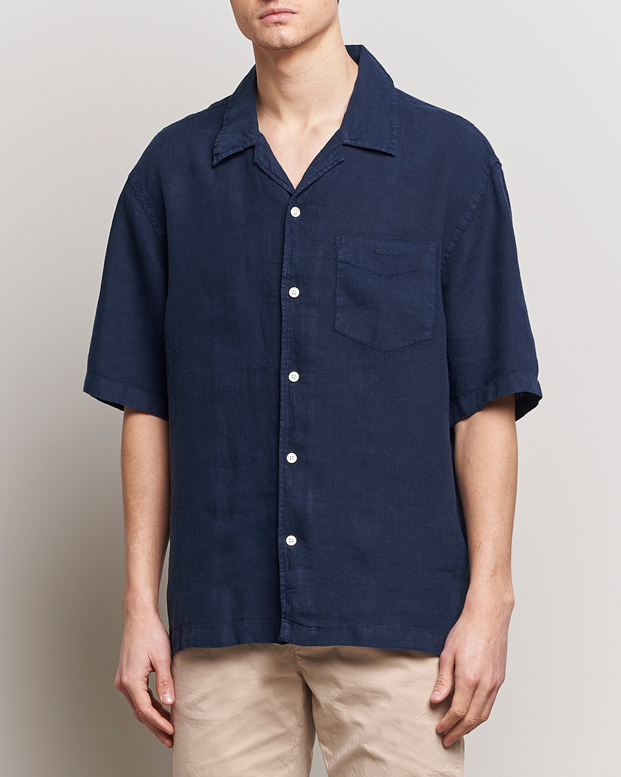 Hombres | Camisas | GANT | Relaxed Fit Linen Resort Short Sleeve Shirt Marine