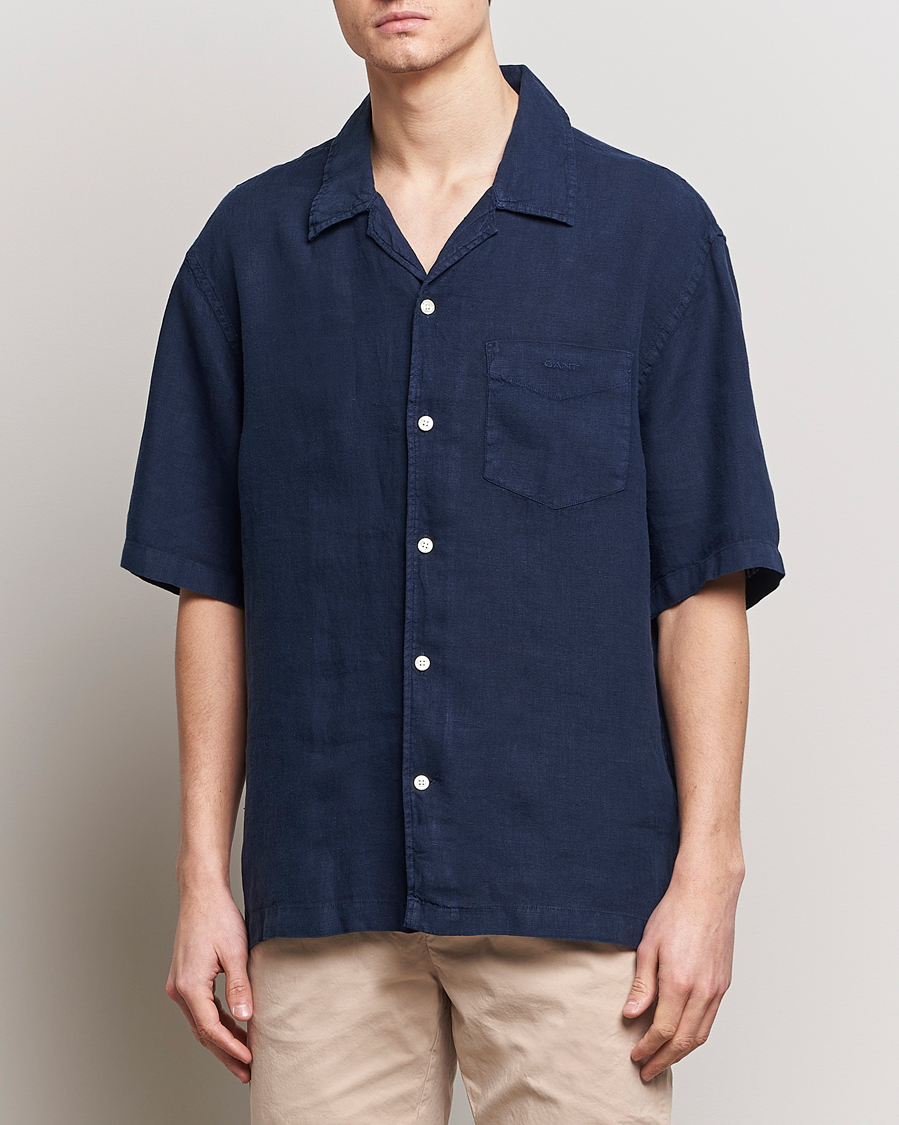 Hombres | Camisas | Gant | Relaxed Fit Linen Resort Short Sleeve Shirt Marine