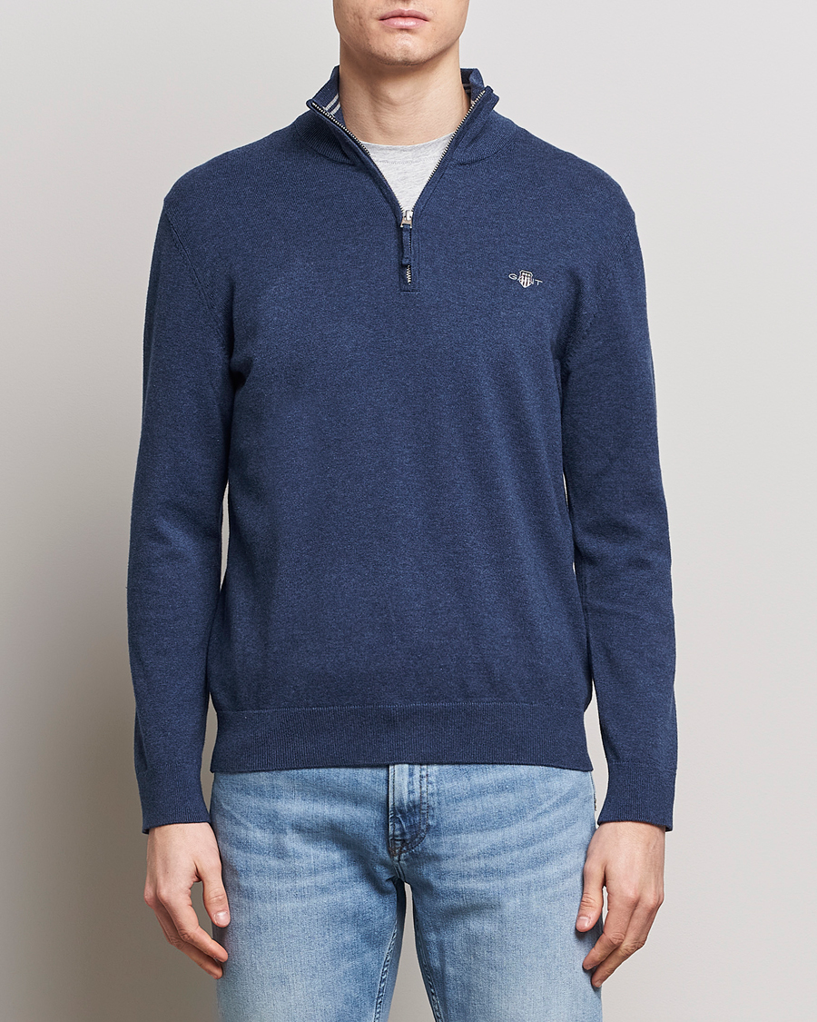 Hombres | Jerséis y prendas de punto | GANT | Classic Cotton Half Zip Dark Jeans Blue Melange