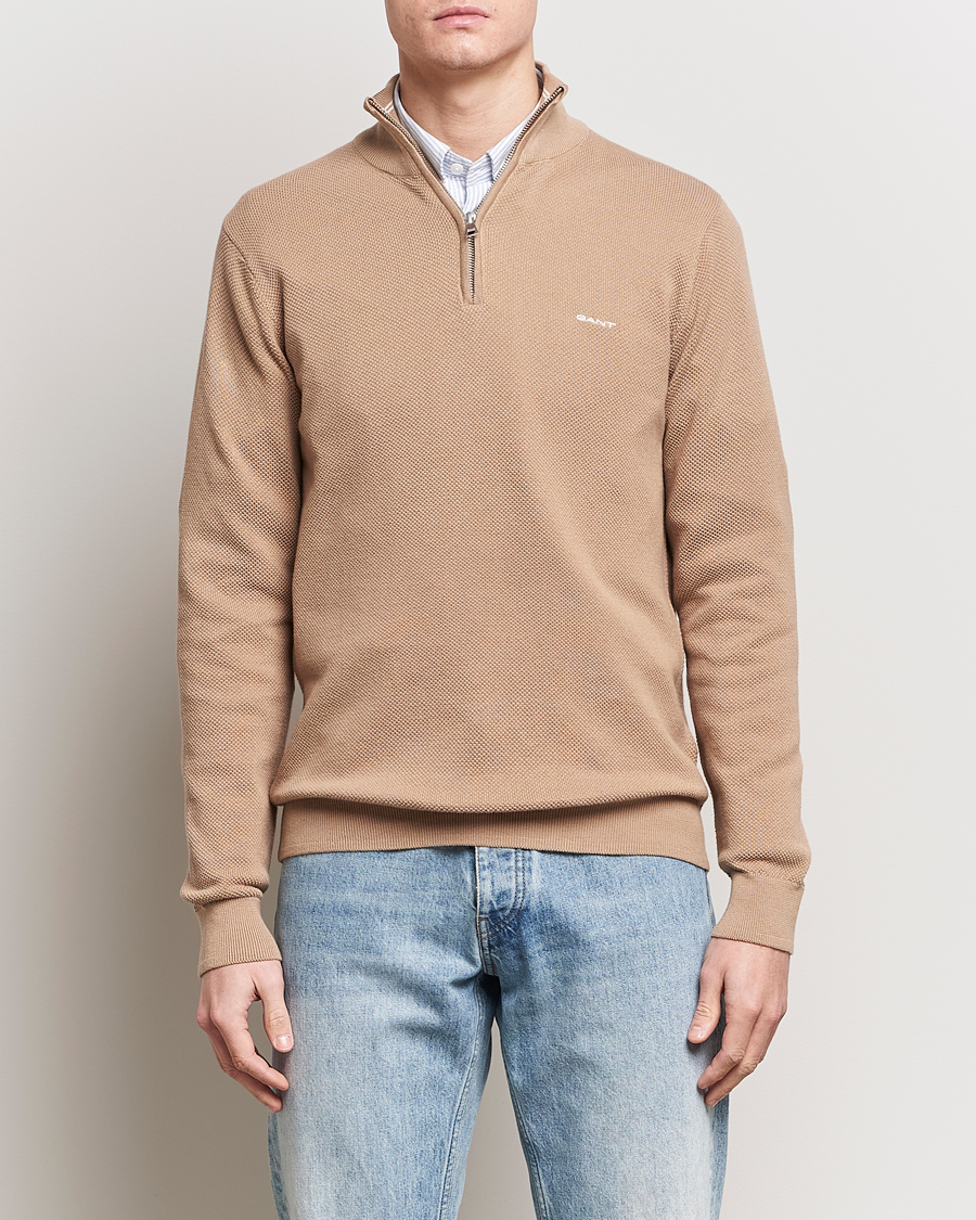 Hombres | Ropa | GANT | Cotton Pique Half-Zip Sweater Dark Khaki