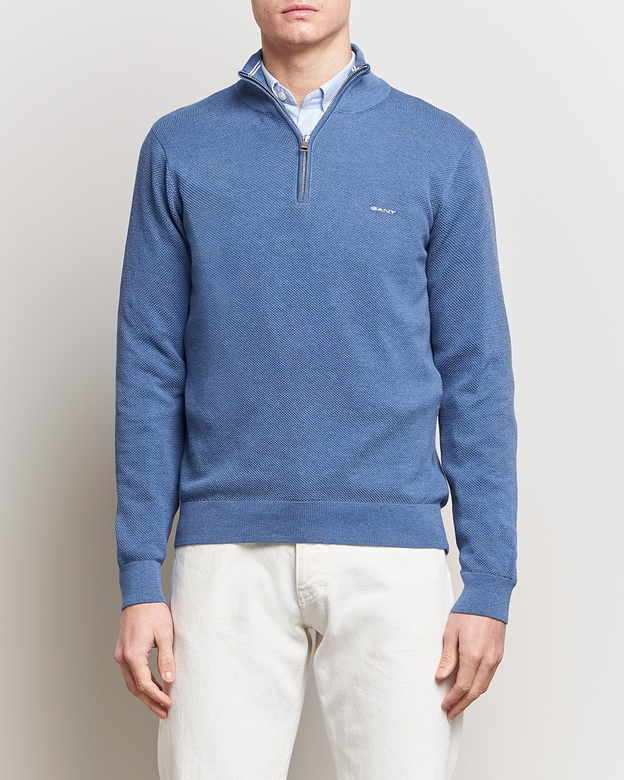 Hombres | Ropa | GANT | Cotton Pique Half-Zip Sweater Denim Blue Melange