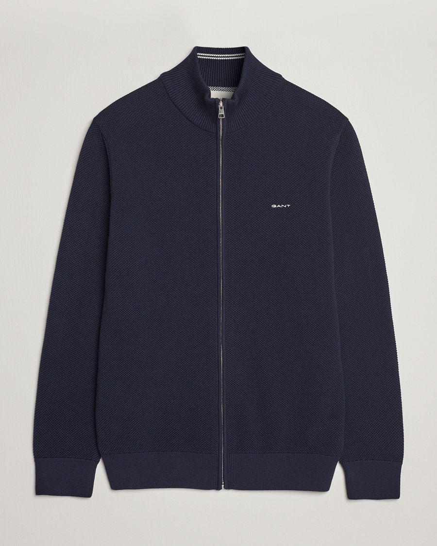 Hombres | Jerséis y prendas de punto | GANT | Cotton Pique Full-Zip Sweater Evening Blue
