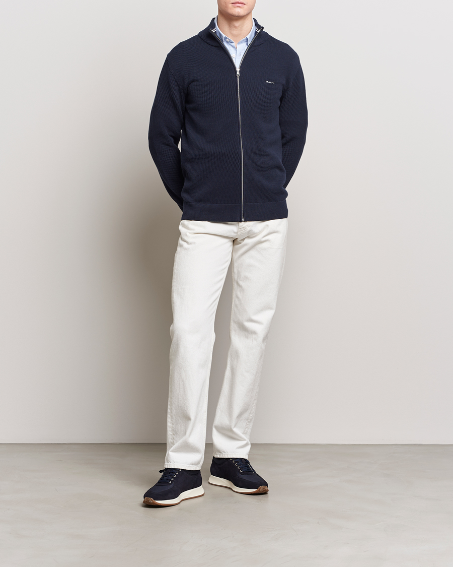 Hombres | Jerséis y prendas de punto | GANT | Cotton Pique Full-Zip Sweater Evening Blue