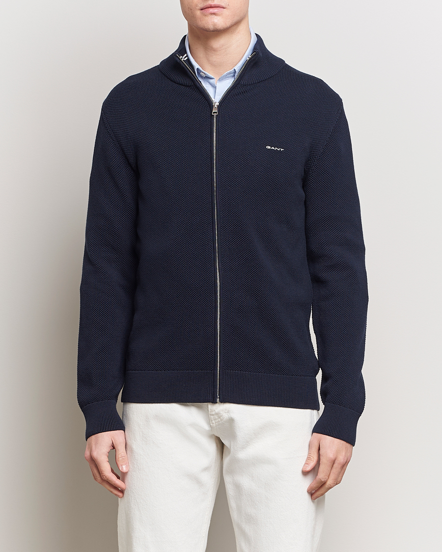 Hombres | Jerséis y prendas de punto | GANT | Cotton Pique Full-Zip Sweater Evening Blue