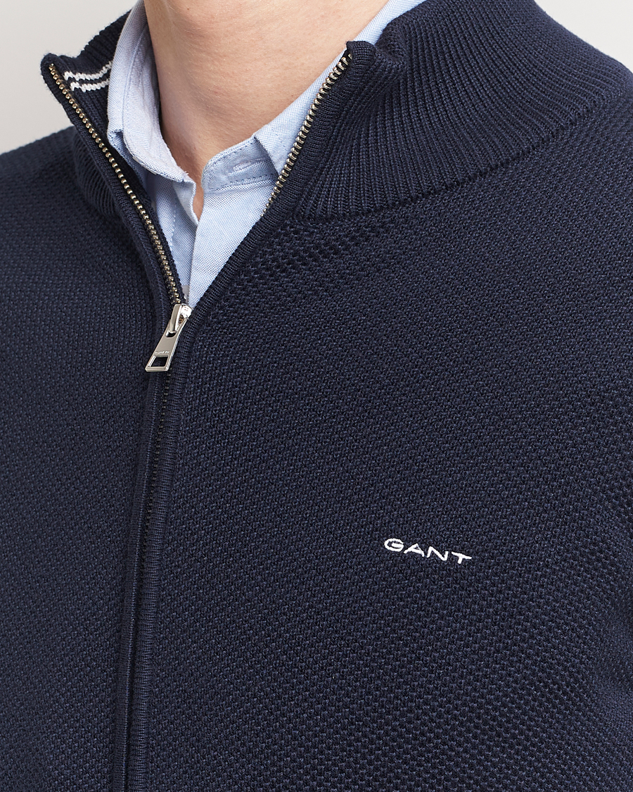 Hombres | Jerséis y prendas de punto | GANT | Cotton Pique Full-Zip Sweater Evening Blue