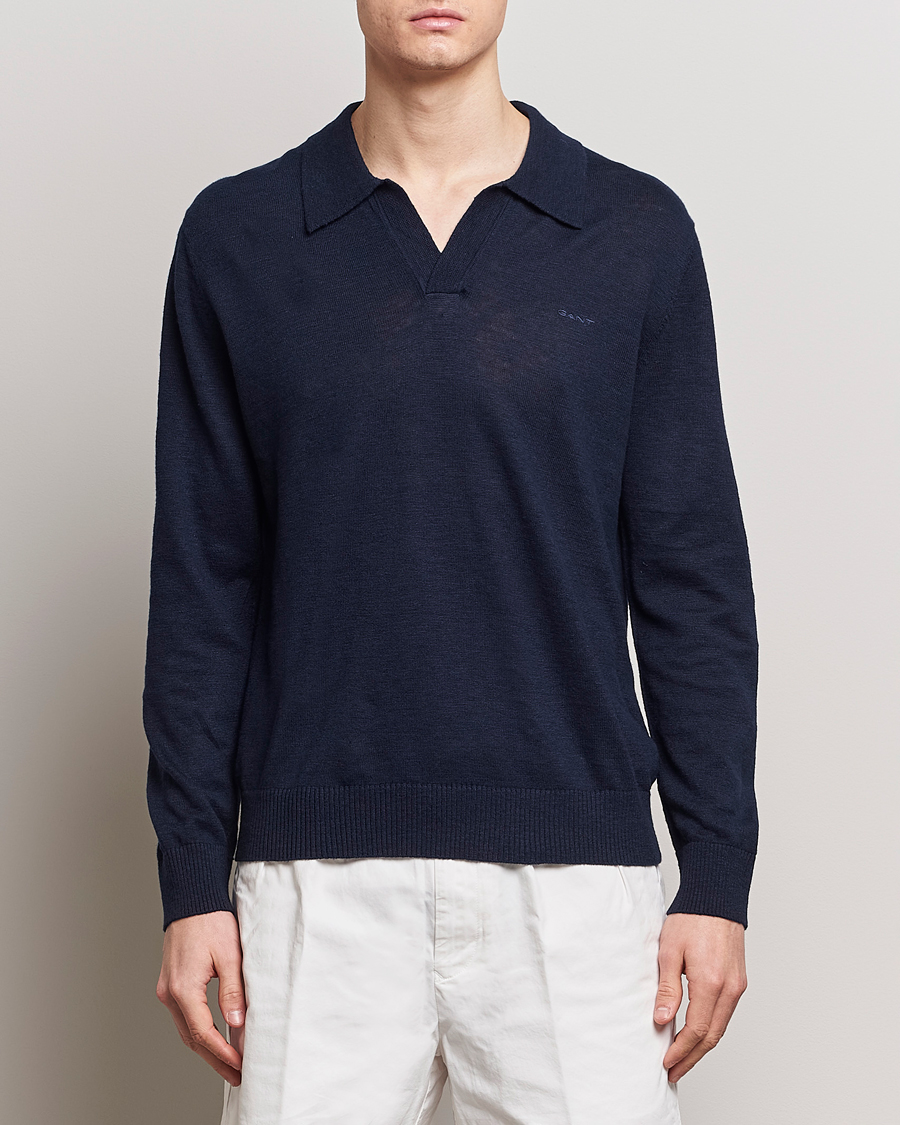 Hombres |  | GANT | Cotton/Linen Knitted Polo Evening Blue