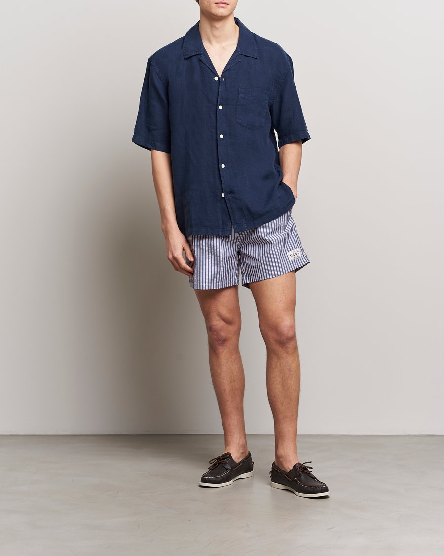 Hombres | Bañadores | Gant | Striped Seersucker Swimshorts Deep Blue