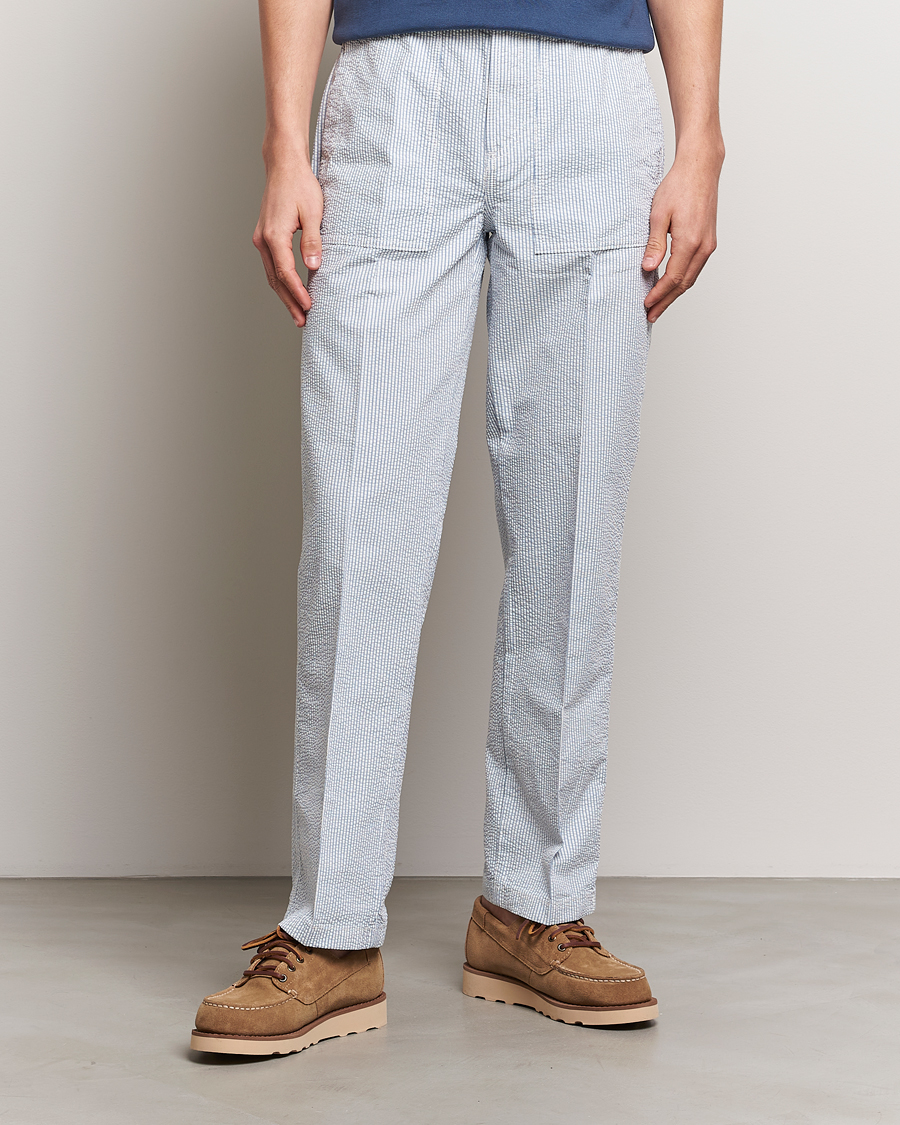 Hombres | Pantalones | Morris | Seersucker Summer Slacks Light Blue