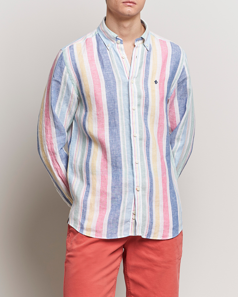 Hombres | Camisas de lino | Morris | Happy Linen Stripe Shirt Light Blue