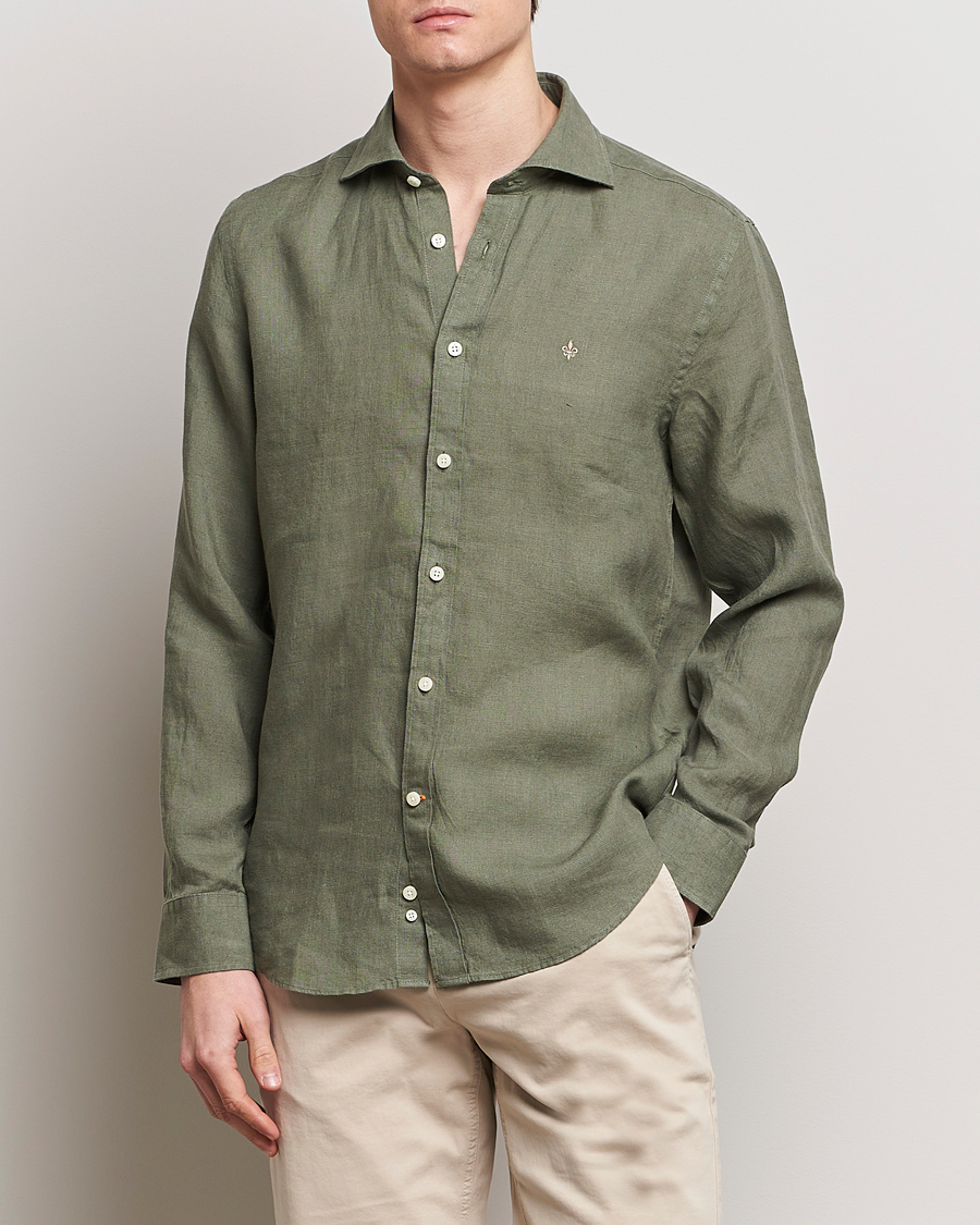Hombres | Camisas de lino | Morris | Slim Fit Linen Cut Away Shirt Olive