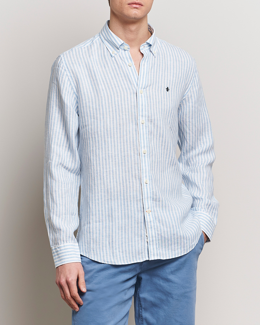 Hombres | Camisas de lino | Morris | Douglas Linen Stripe Shirt Light Blue