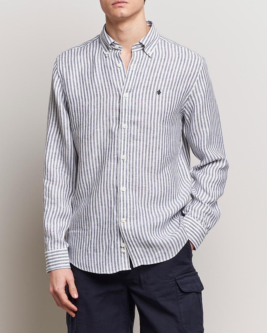 Hombres | Camisas de lino | Morris | Douglas Linen Stripe Shirt Navy