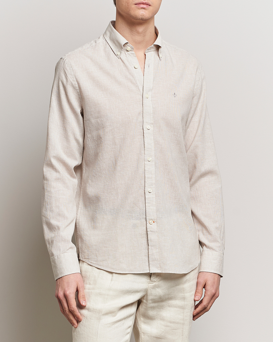 Hombres | Camisas de lino | Morris | Slim Fit Linen Check Shirt Khaki