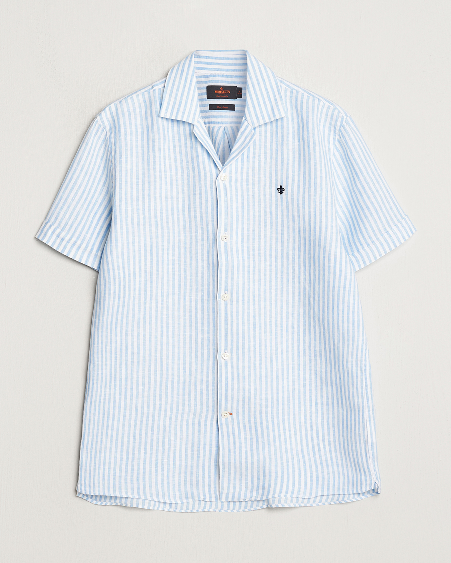 Hombres | Camisas | Morris | Striped Resort Linen Short Sleeve Shirt Light Blue