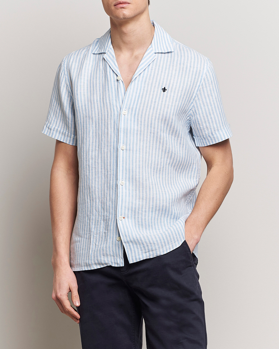 Hombres | Camisas de manga corta | Morris | Striped Resort Linen Short Sleeve Shirt Light Blue