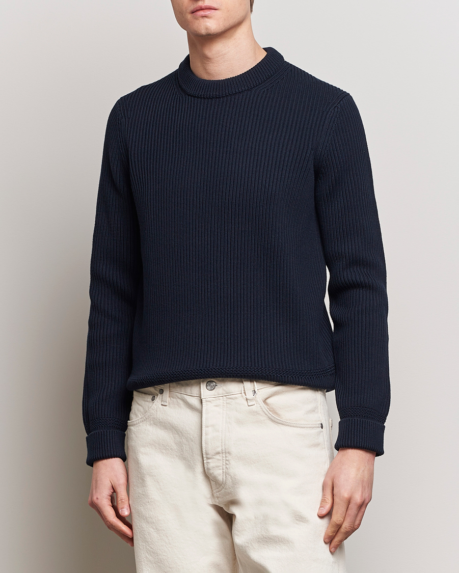 Hombres | Jerseys de cuello redondo | Morris | Arthur Navy Cotton/Merino Knitted Sweater Navy