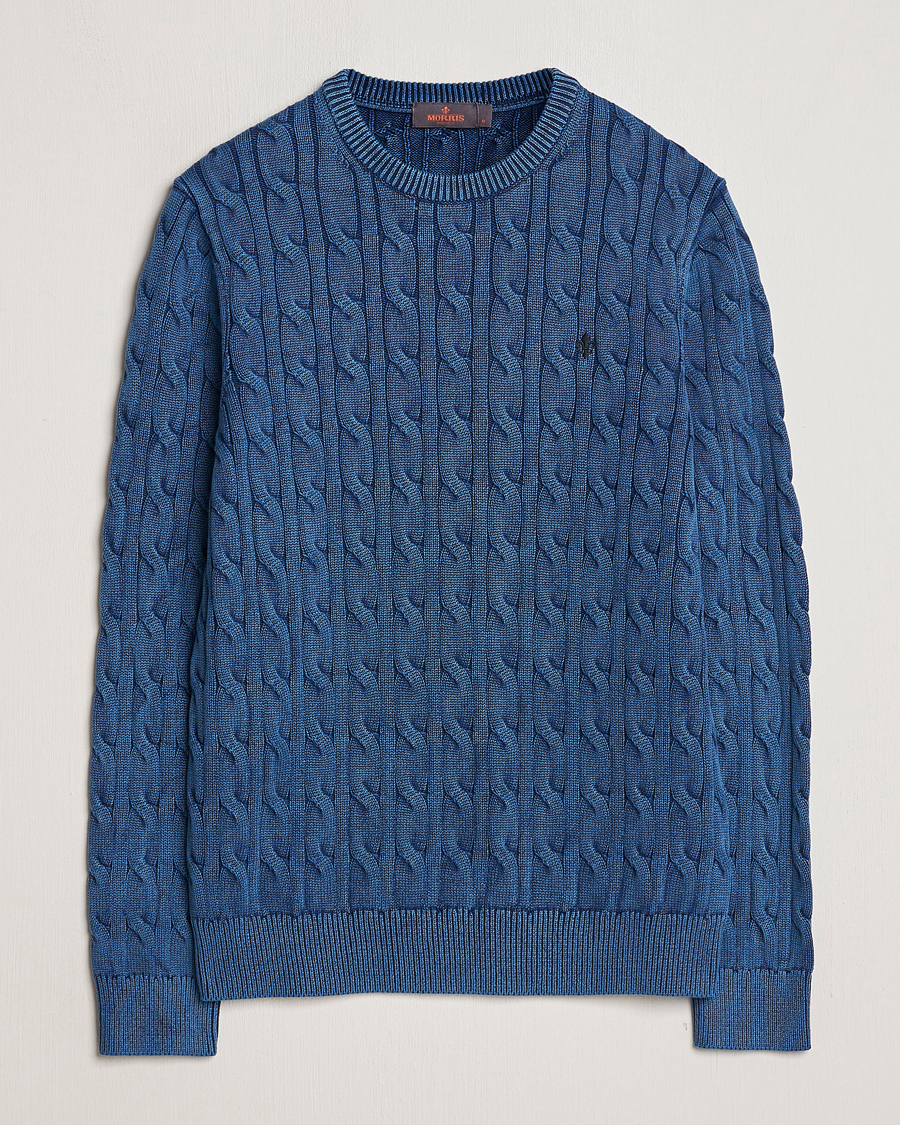 Hombres | Jerséis y prendas de punto | Morris | Ethan Cotton Cable Crew Neck Blue