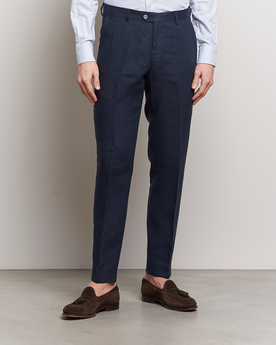 Hombres | Pantalones de traje | Oscar Jacobson | Denz Linen Trousers Navy