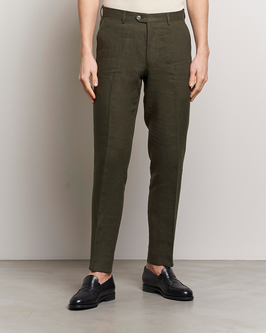 Hombres | Pantalones de traje | Oscar Jacobson | Denz Linen Trousers Olive