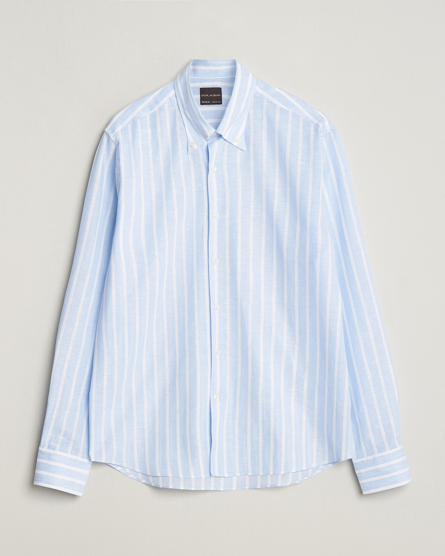 Hombres | Camisas | Oscar Jacobson | Regular Fit Striped Linen Shirt Light Blue