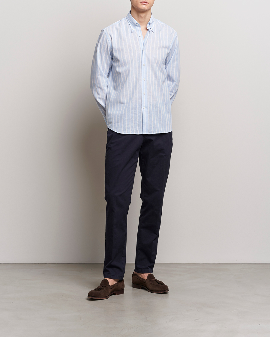 Hombres | Camisas | Oscar Jacobson | Regular Fit Striped Linen Shirt Light Blue