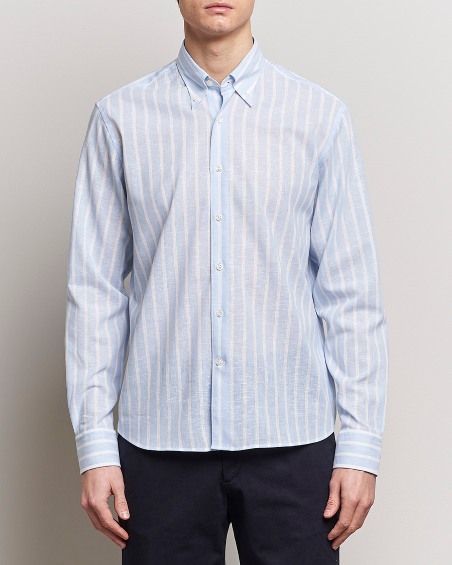 Hombres | Casual | Oscar Jacobson | Regular Fit Striped Linen Shirt Light Blue
