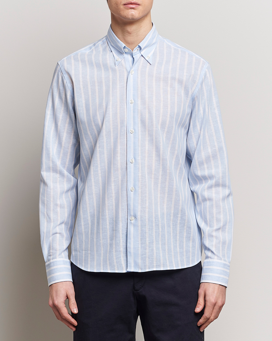Hombres | Camisas | Oscar Jacobson | Regular Fit Striped Linen Shirt Light Blue