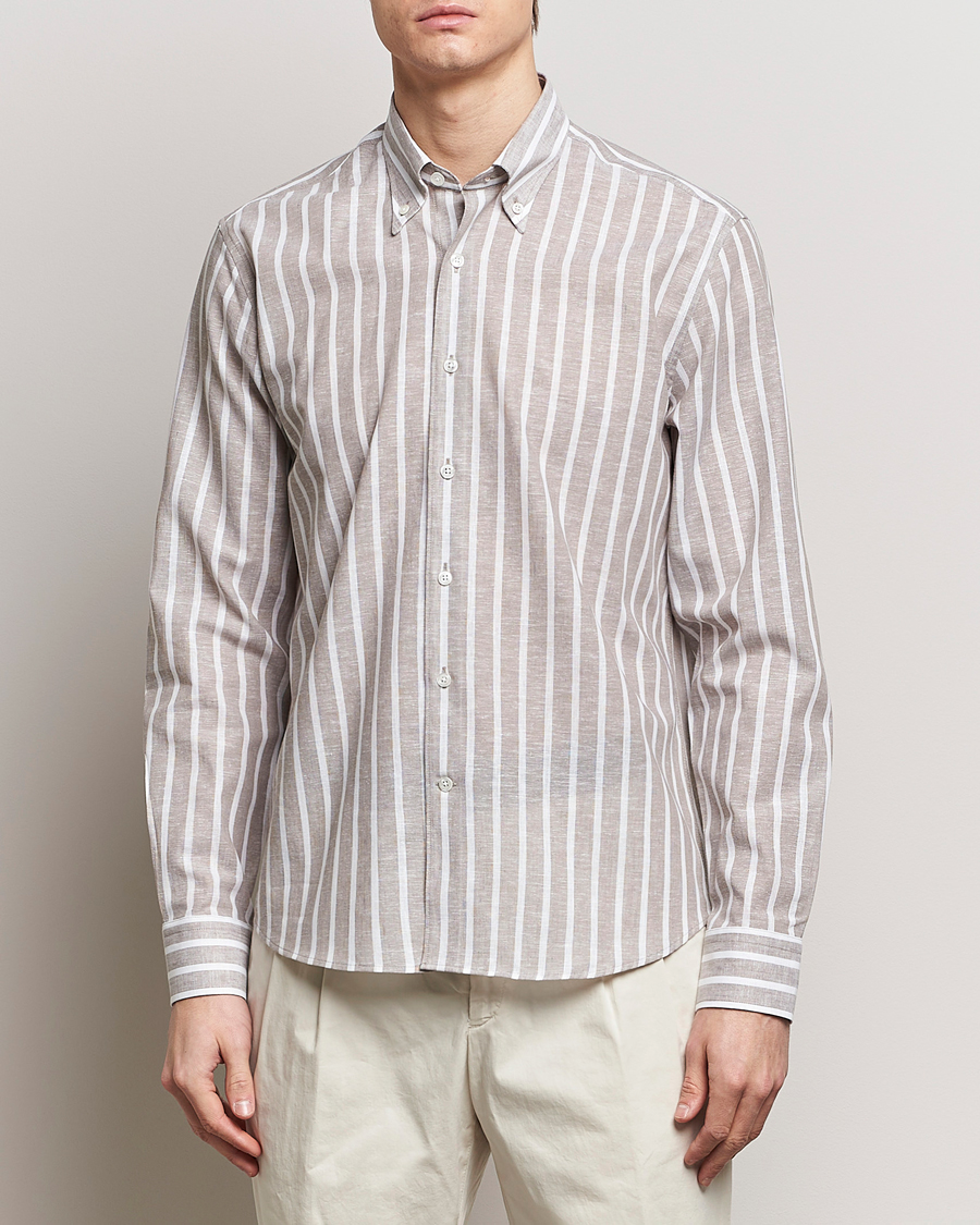 Hombres |  | Oscar Jacobson | Regular Fit Striped Linen Shirt Brown