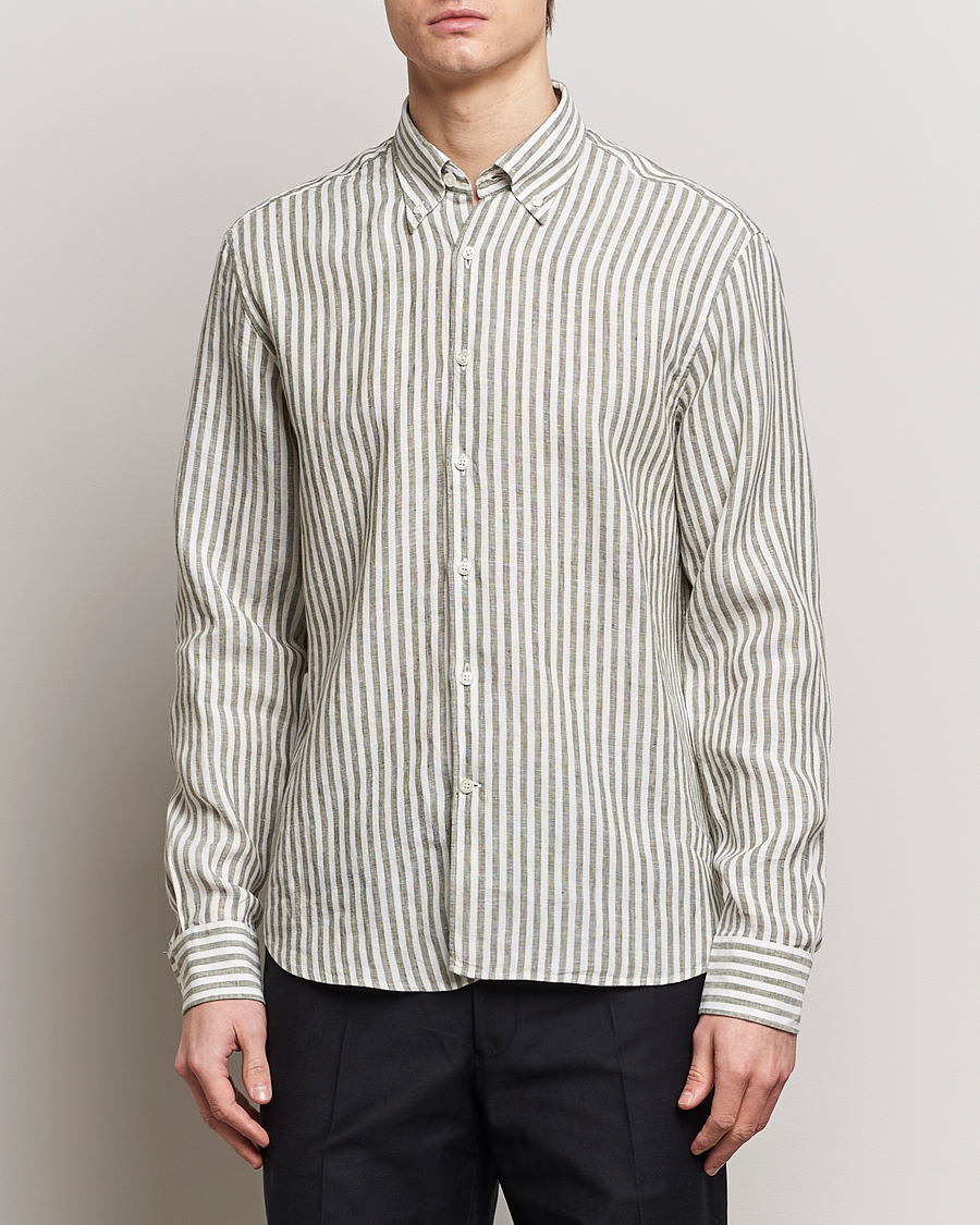 Hombres | Camisas de lino | Oscar Jacobson | Regular Fit Dress Stripe Linen Shirt Green