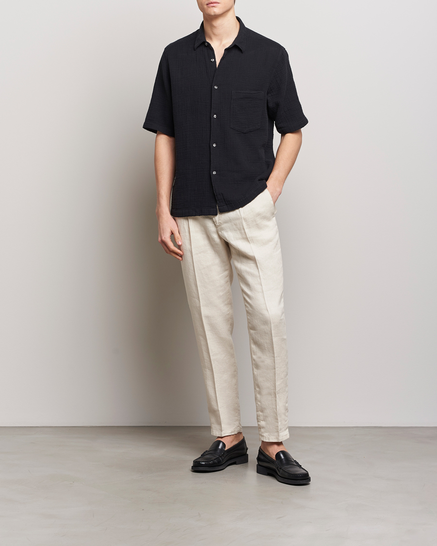 Hombres | Camisas | Oscar Jacobson | Short Sleeve City Crepe Cotton Shirt Black