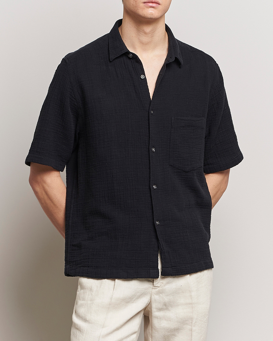 Hombres | Camisas de manga corta | Oscar Jacobson | Short Sleeve City Crepe Cotton Shirt Black