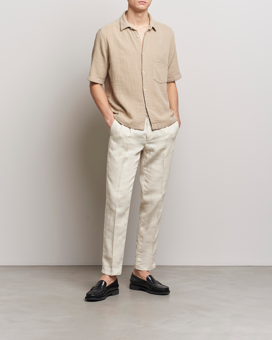 Hombres | Camisas | Oscar Jacobson | Short Sleeve City Crepe Cotton Shirt Beige