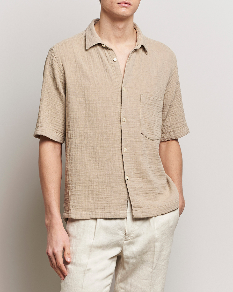Hombres | Camisas de manga corta | Oscar Jacobson | Short Sleeve City Crepe Cotton Shirt Beige