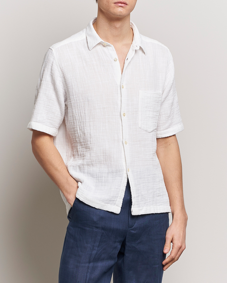 Hombres | Camisas de manga corta | Oscar Jacobson | Short Sleeve City Crepe Cotton Shirt White