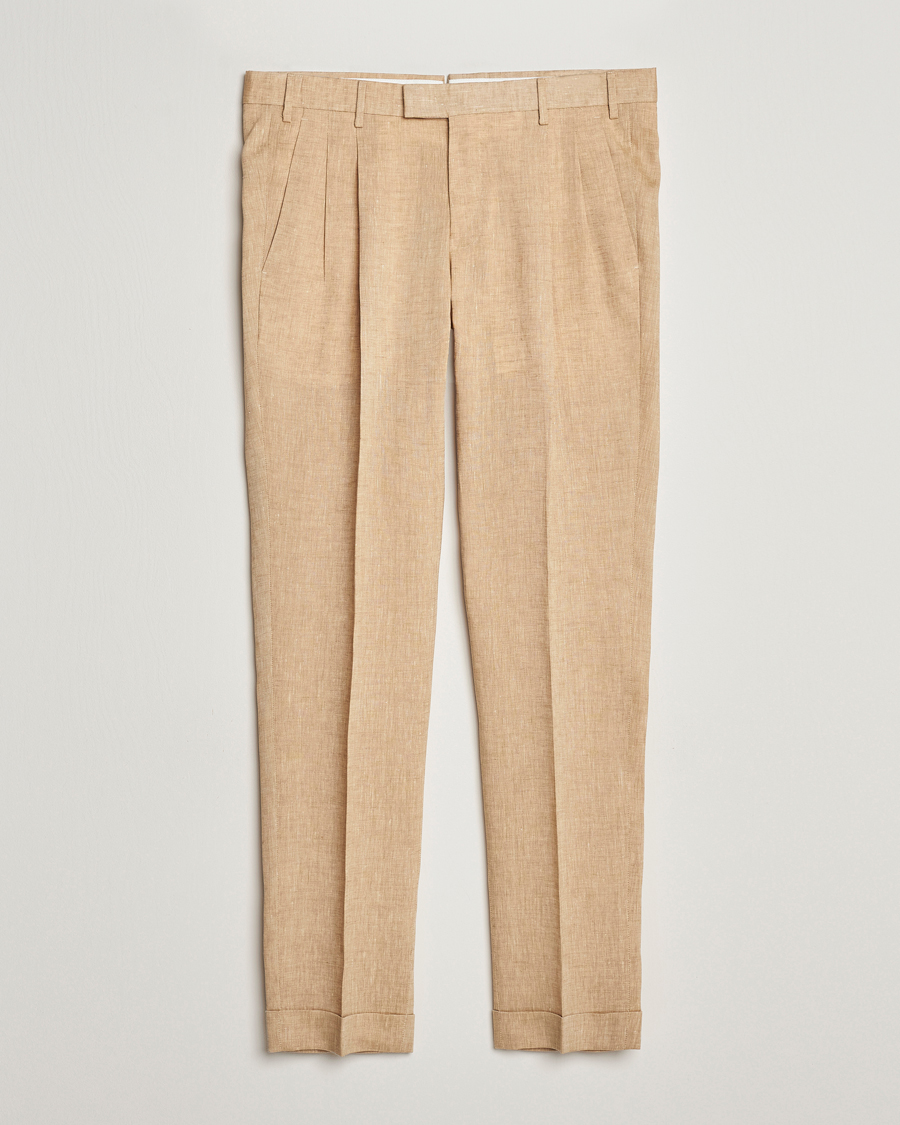 Hombres | Pantalones | PT01 | Slim Fit Pleated Linen Trousers Light Beige