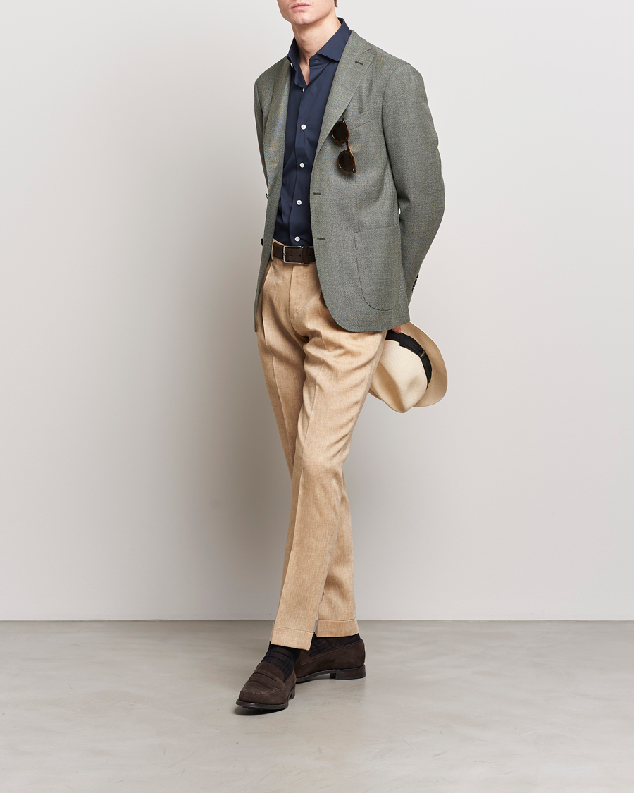 Hombres | Pantalones | PT01 | Slim Fit Pleated Linen Trousers Light Beige