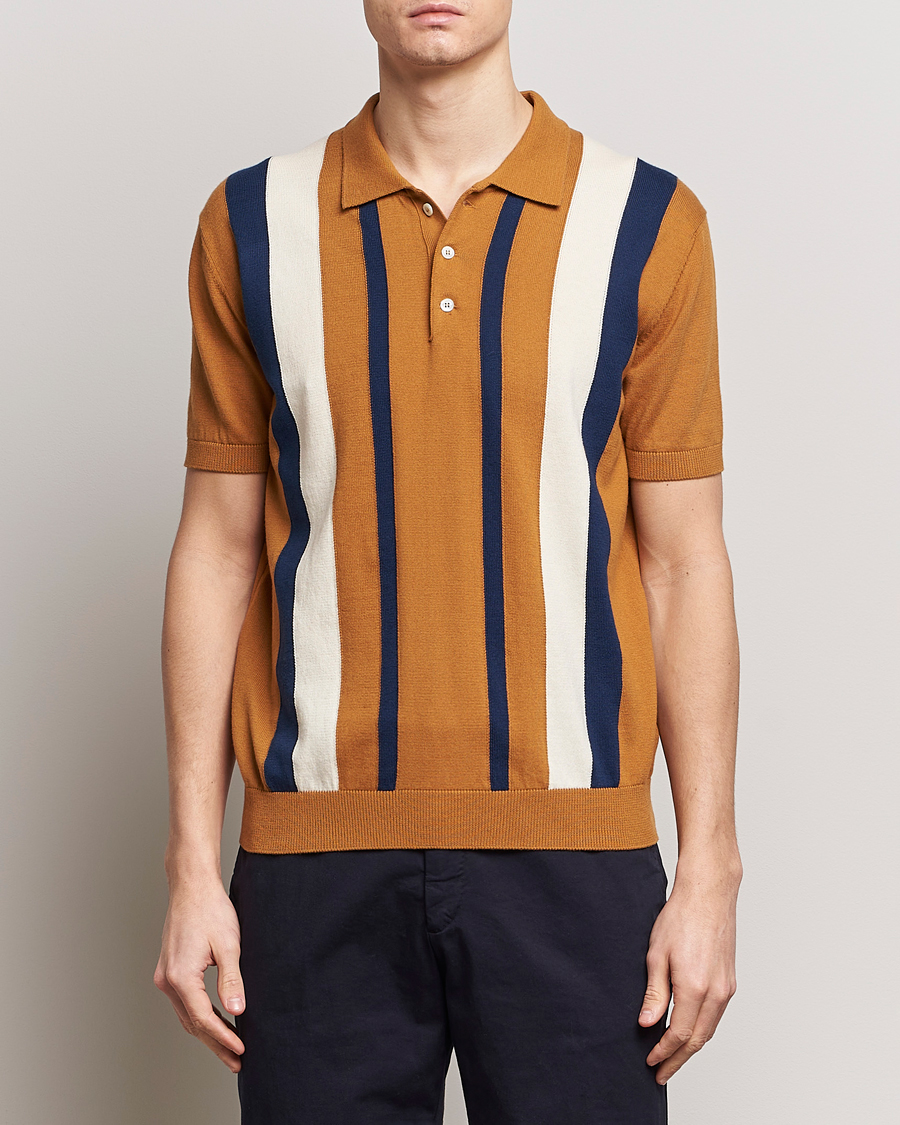 Hombres | Preppy Authentic | Baracuta | Stripe Knitted Short Sleeve Polo Pumpkin Spice