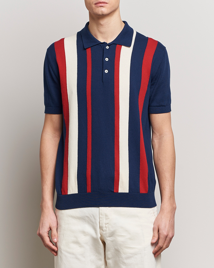 Hombres |  | Baracuta | Stripe Knitted Short Sleeve Polo Navy